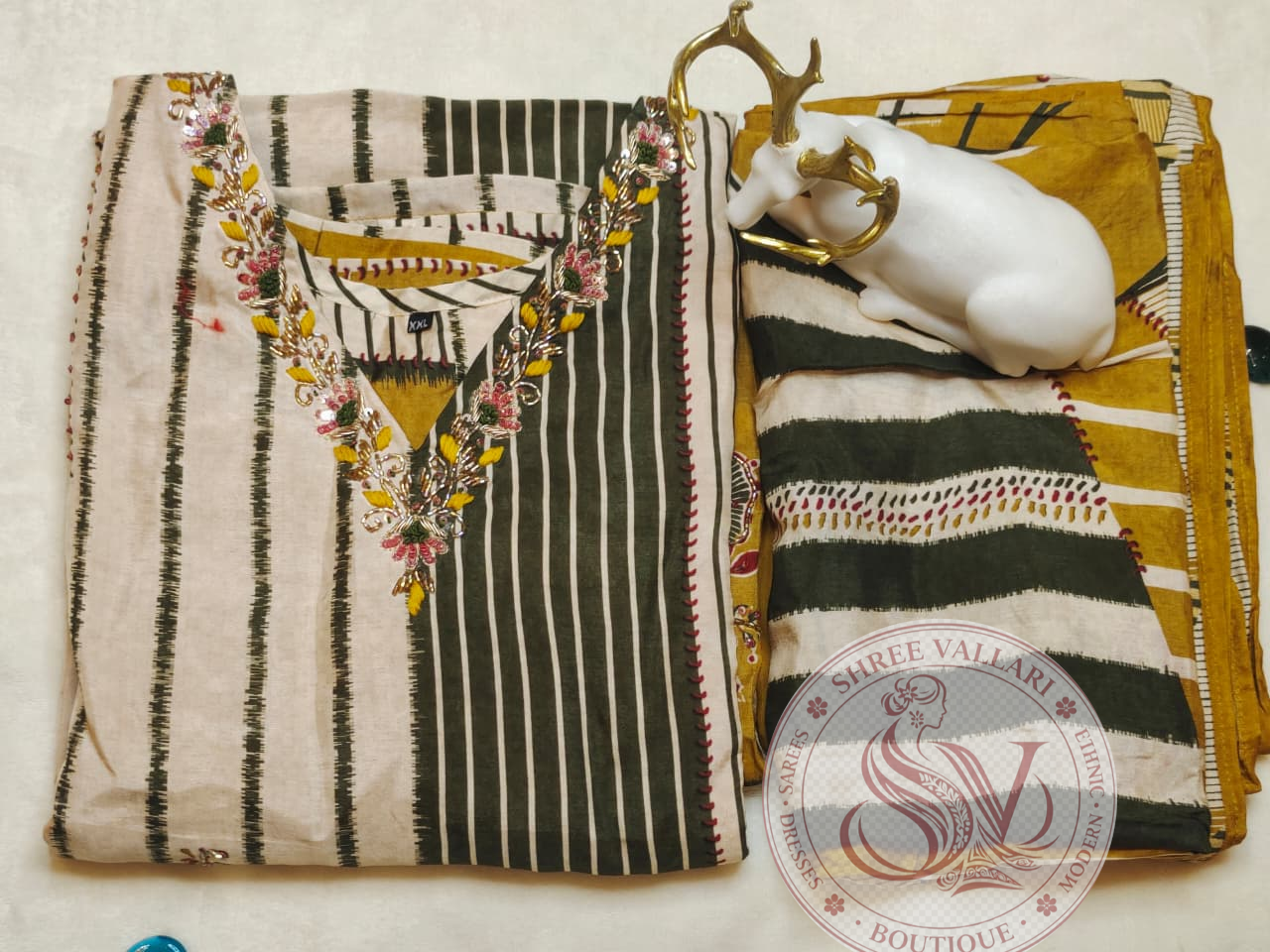 Mustard Cream Striped Embroidered Kurta Set with Dupatta for Women