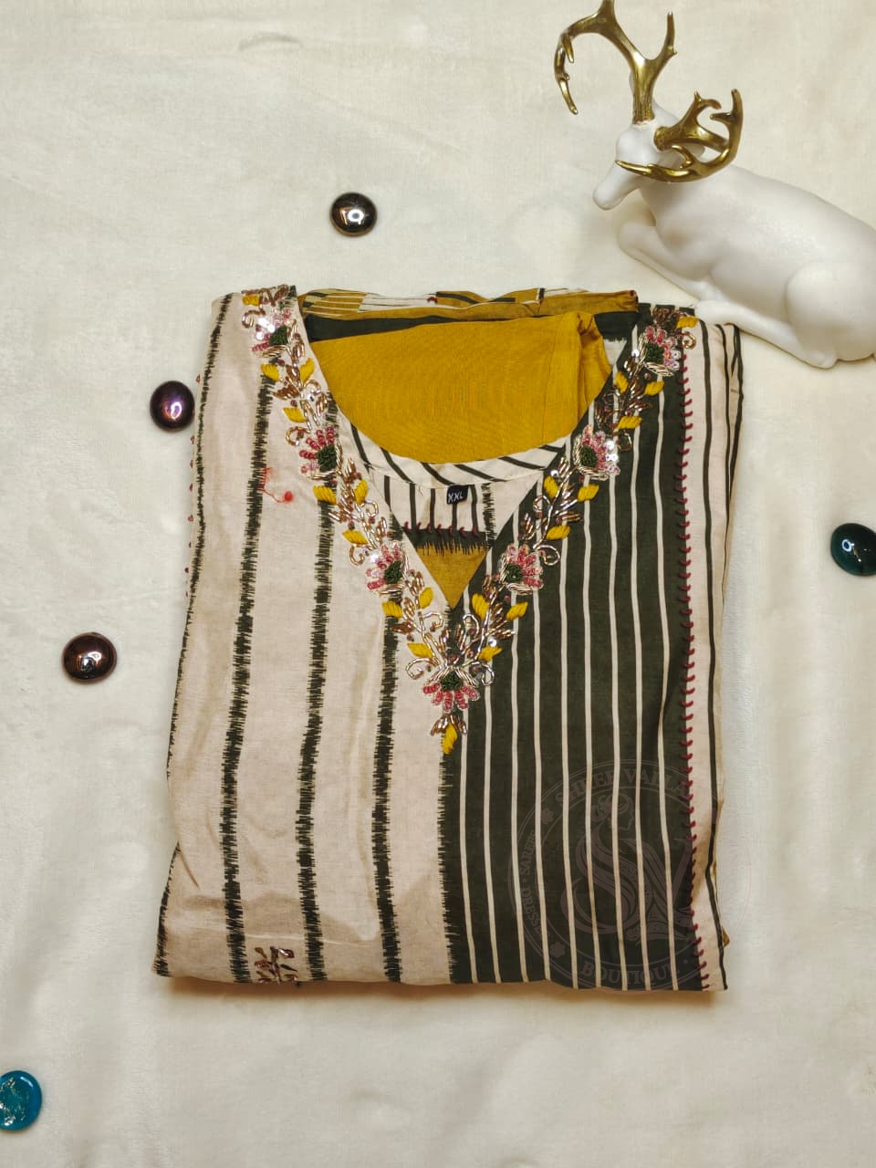 Mustard Cream Striped Embroidered Kurta Set with Dupatta for Women