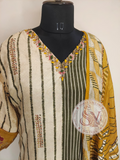 Mustard Cream Striped Embroidered Kurta Set with Dupatta for Women