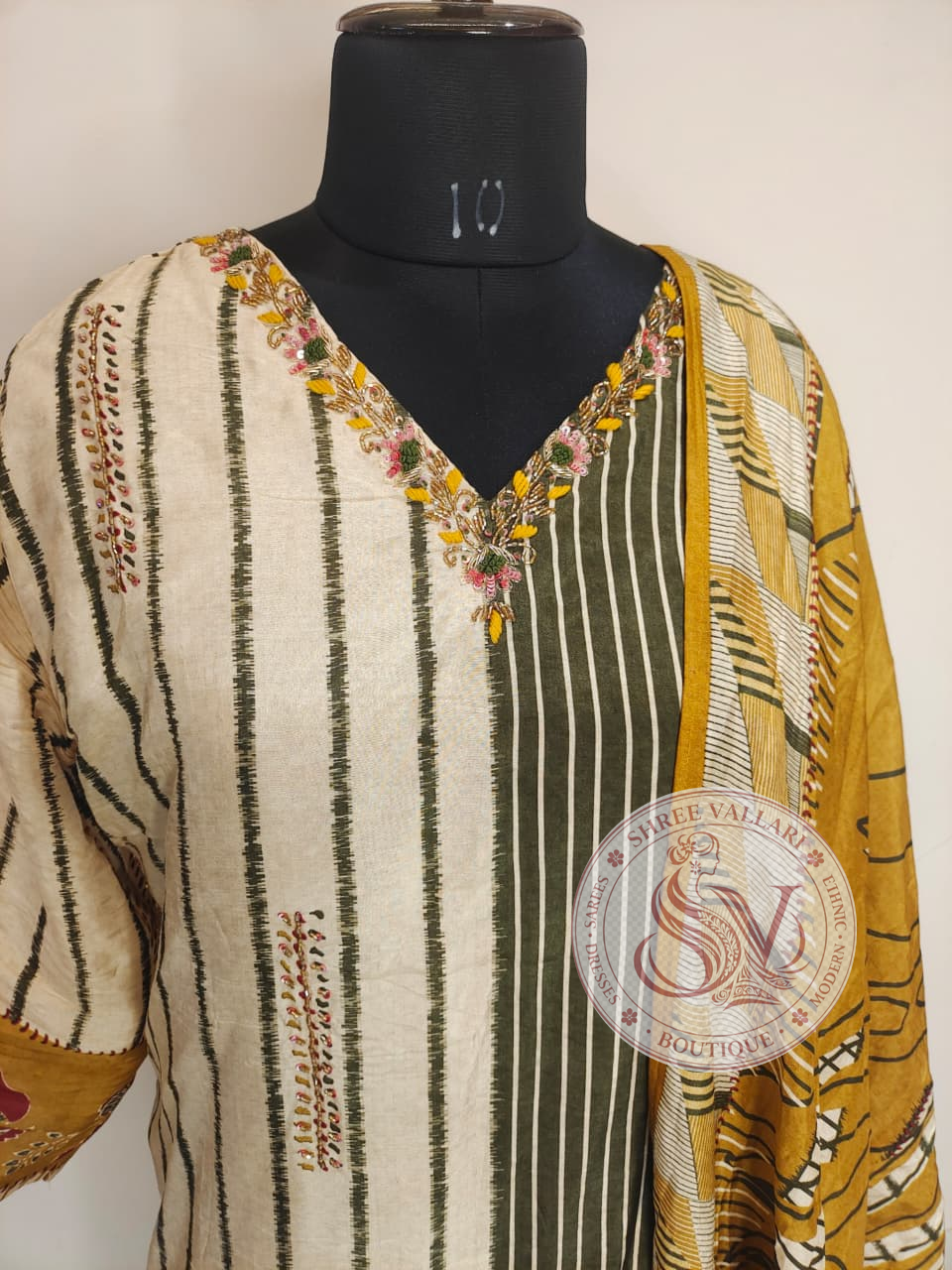 Mustard Cream Striped Embroidered Kurta Set with Dupatta for Women