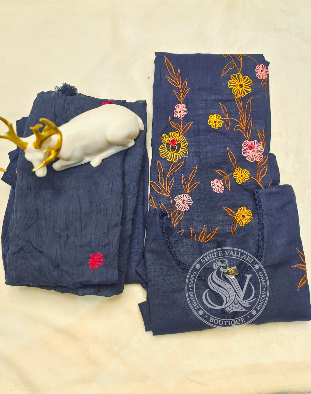 Navy Blue Embroidered Mulcotton Kurta Set with Dupatta – Elegant Daily Wear