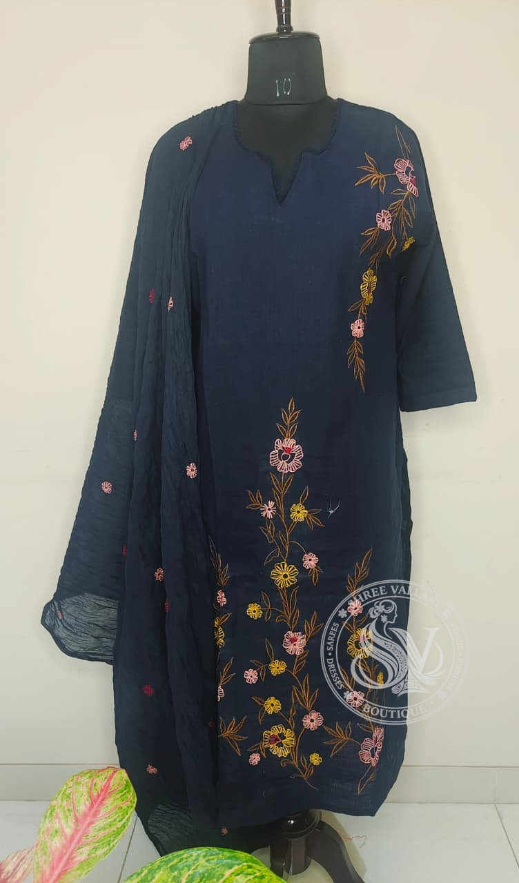Navy Blue Embroidered Mulcotton Kurta Set with Dupatta – Elegant Daily Wear