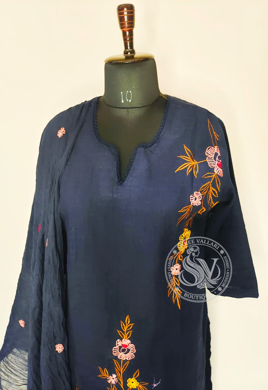 Navy Blue Embroidered Mulcotton Kurta Set with Dupatta – Elegant Daily Wear