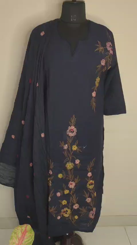 Navy Blue Embroidered Mulcotton Kurta Set with Dupatta – Elegant Daily Wear