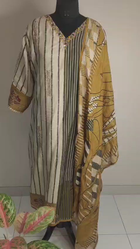 Mustard Cream Striped Embroidered Kurta Set with Dupatta for Women