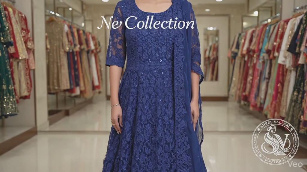 Navy Blue Floral Embroidered Kurta Set for Women