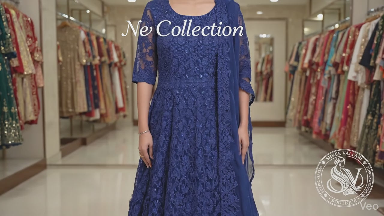 Navy Blue Floral Embroidered Kurta Set for Women