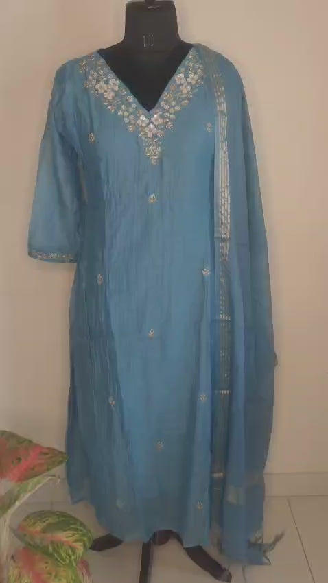 Teal Blue Embroidered Kurta Set with Dupatta for Women Party Wear