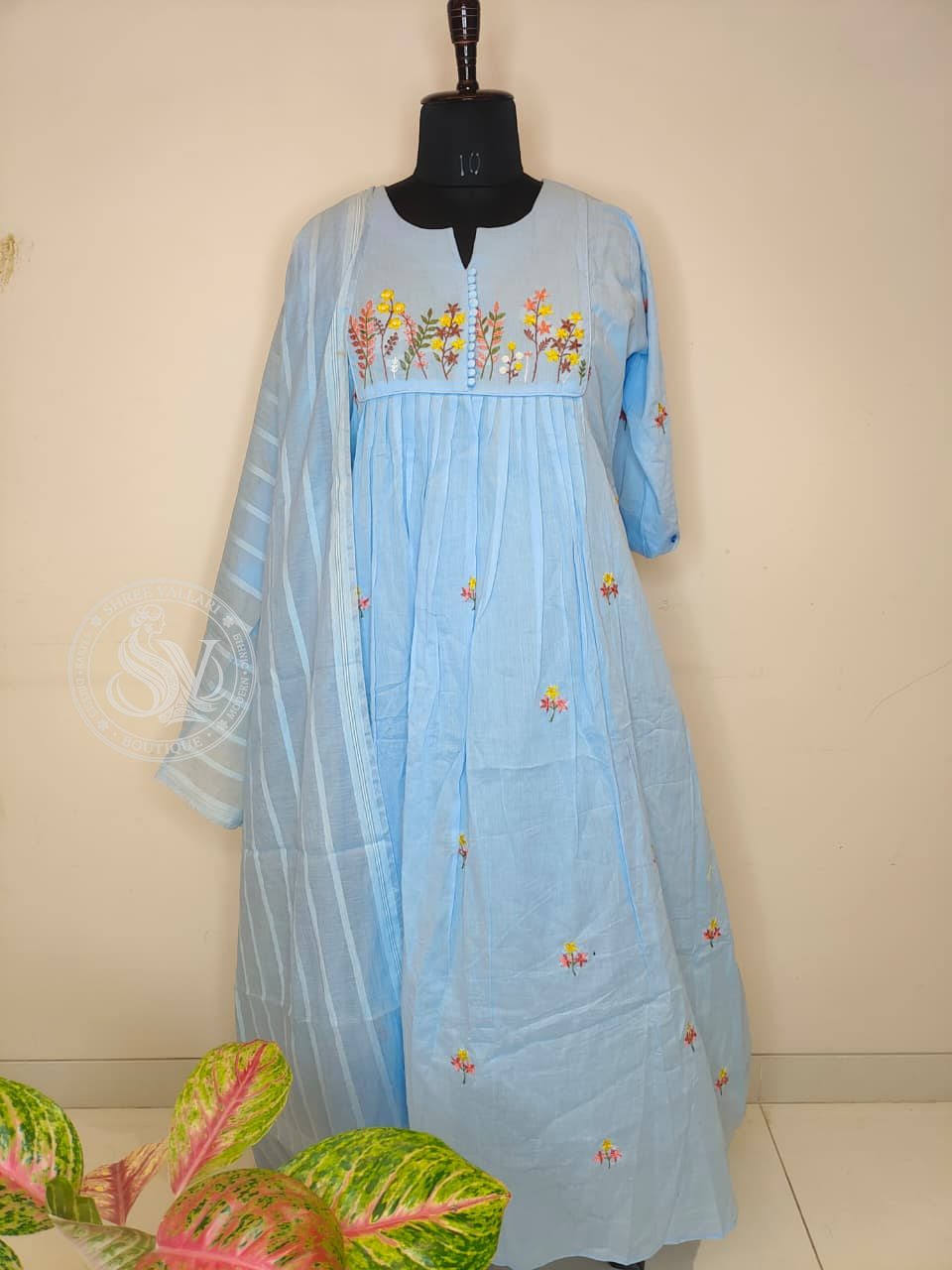 Sky Blue Mulcotton Embroidered Kurta Set with Dupatta – Soft Daily Wear Ethnic Outfit