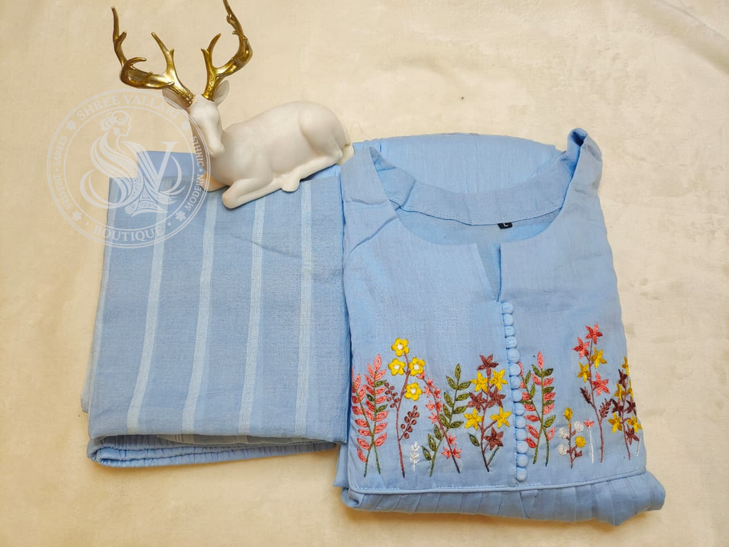 Sky Blue Mulcotton Embroidered Kurta Set with Dupatta – Soft Daily Wear Ethnic Outfit