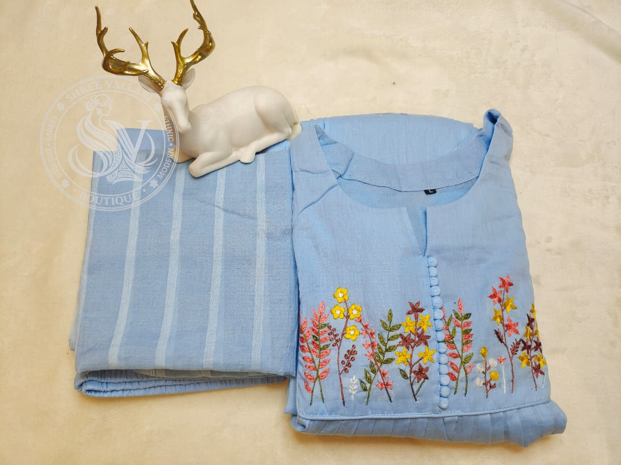 Sky Blue Mulcotton Embroidered Kurta Set with Dupatta – Soft Daily Wear Ethnic Outfit