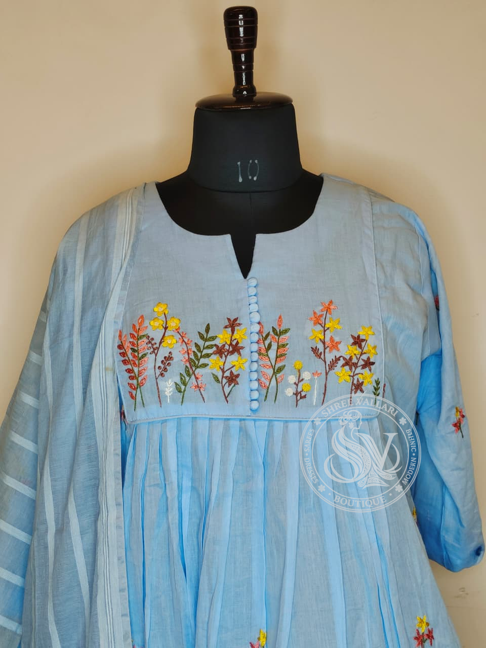 Sky Blue Mulcotton Embroidered Kurta Set with Dupatta – Soft Daily Wear Ethnic Outfit