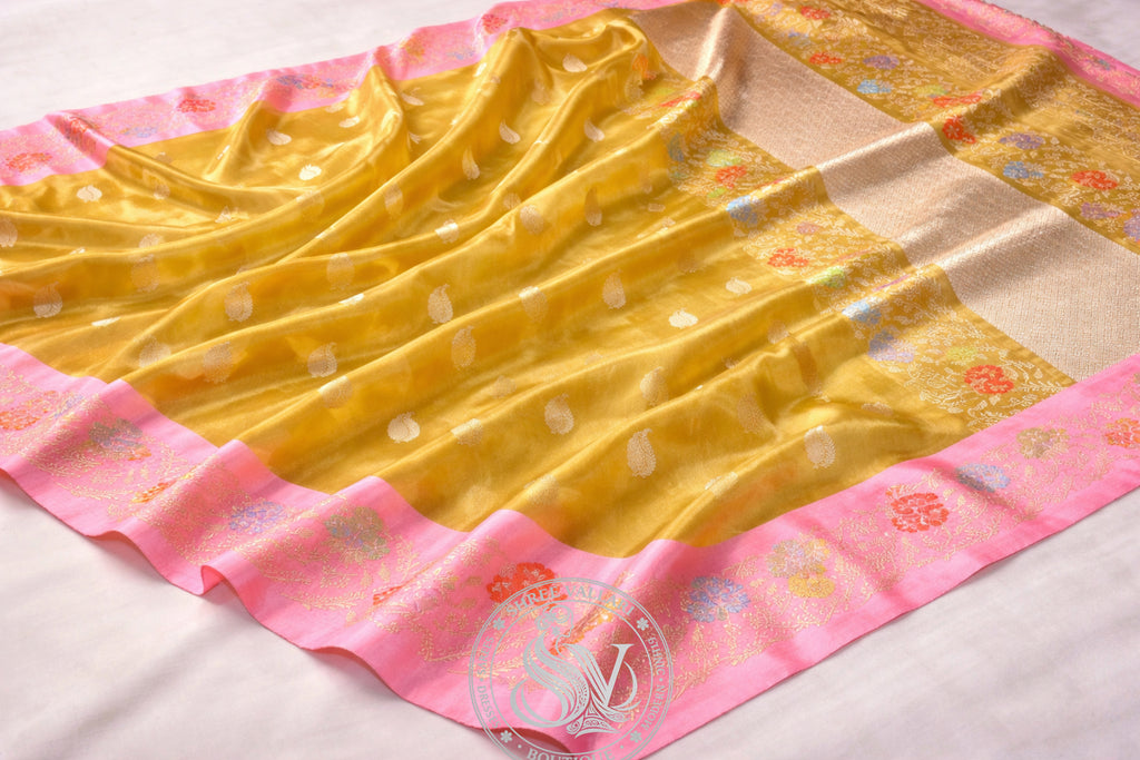 Mustard Yellow Pure Kora Tissue Banarasi Silk Saree with Pink Minakari Zari Border