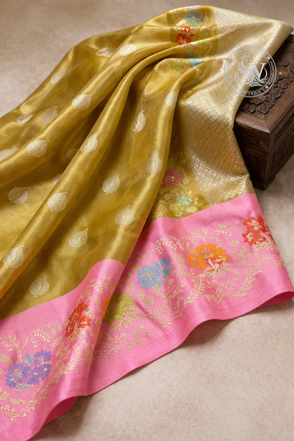 Mustard Yellow Pure Kora Tissue Banarasi Silk Saree with Pink Minakari Zari Border