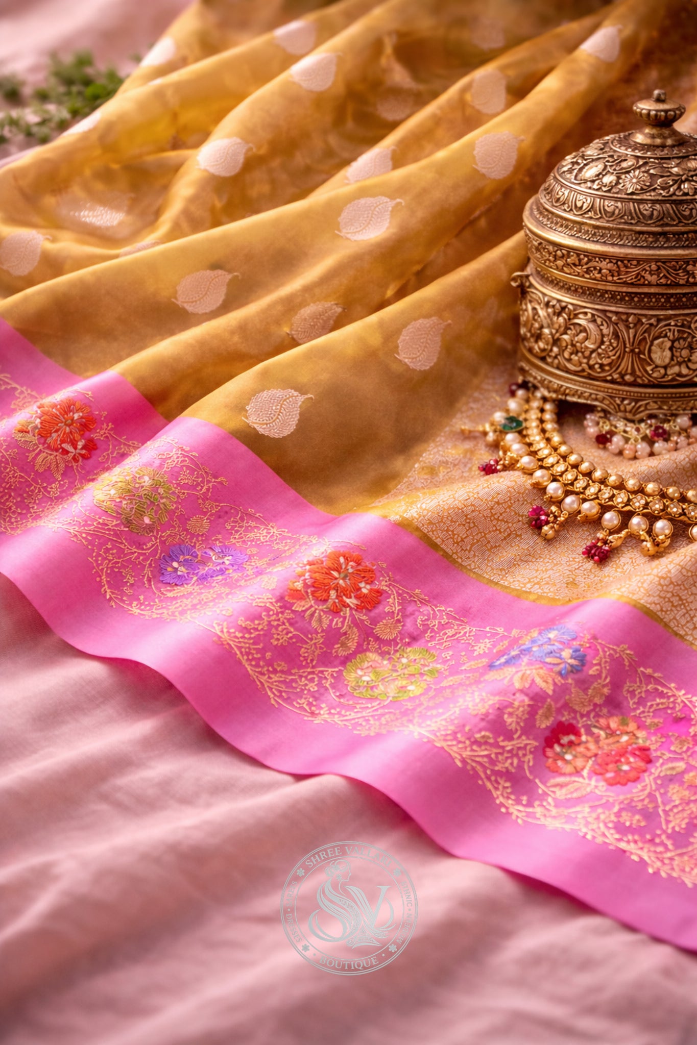 Mustard Yellow Pure Kora Tissue Banarasi Silk Saree with Pink Minakari Zari Border