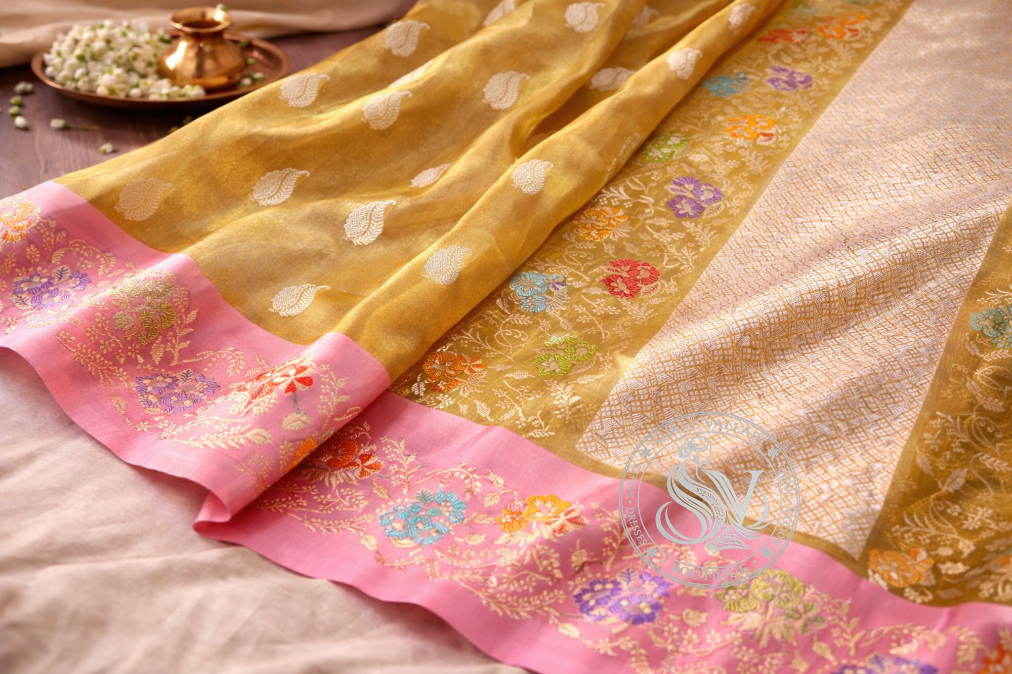 Mustard Yellow Pure Kora Tissue Banarasi Silk Saree with Pink Minakari Zari Border