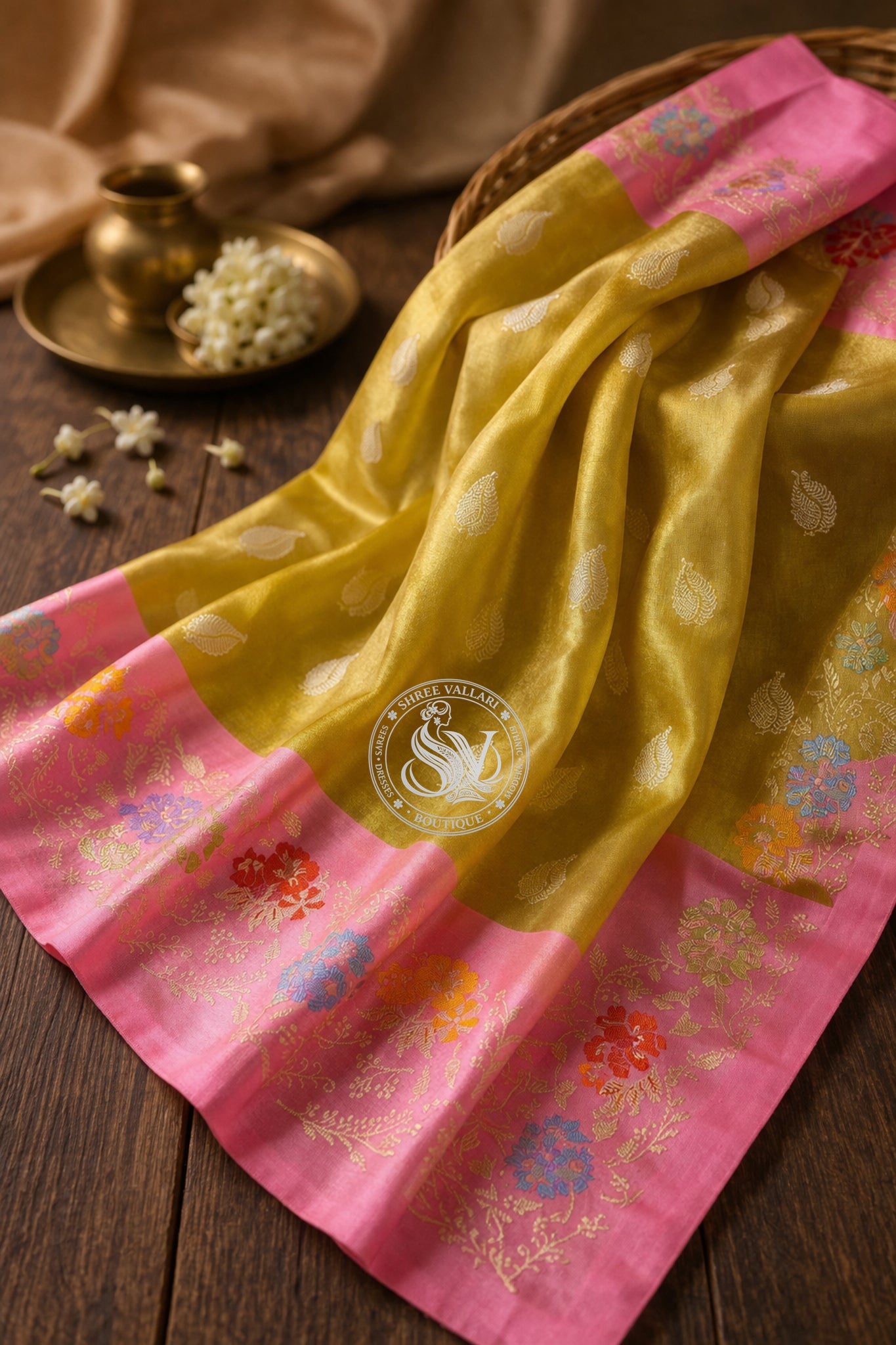 Mustard Yellow Pure Kora Tissue Banarasi Silk Saree with Pink Minakari Zari Border