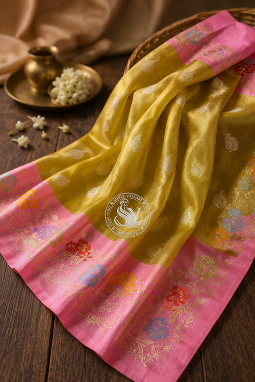 Mustard Yellow Pure Kora Tissue Banarasi Silk Saree with Pink Minakari Zari Border