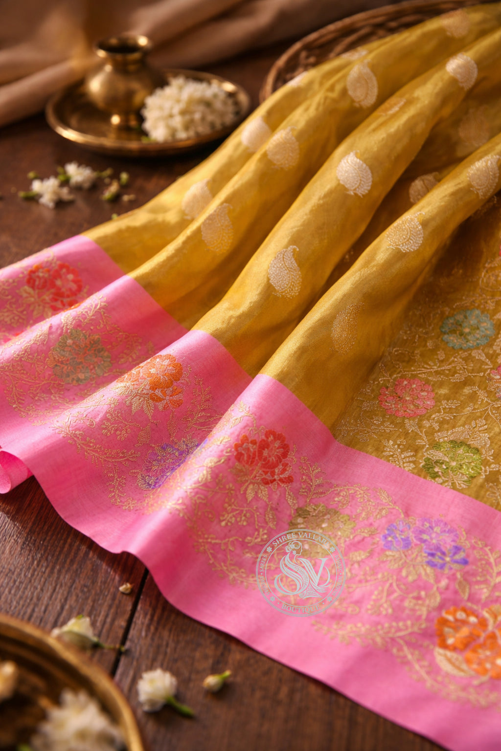 Mustard Yellow Pure Kora Tissue Banarasi Silk Saree with Pink Minakari Zari Border