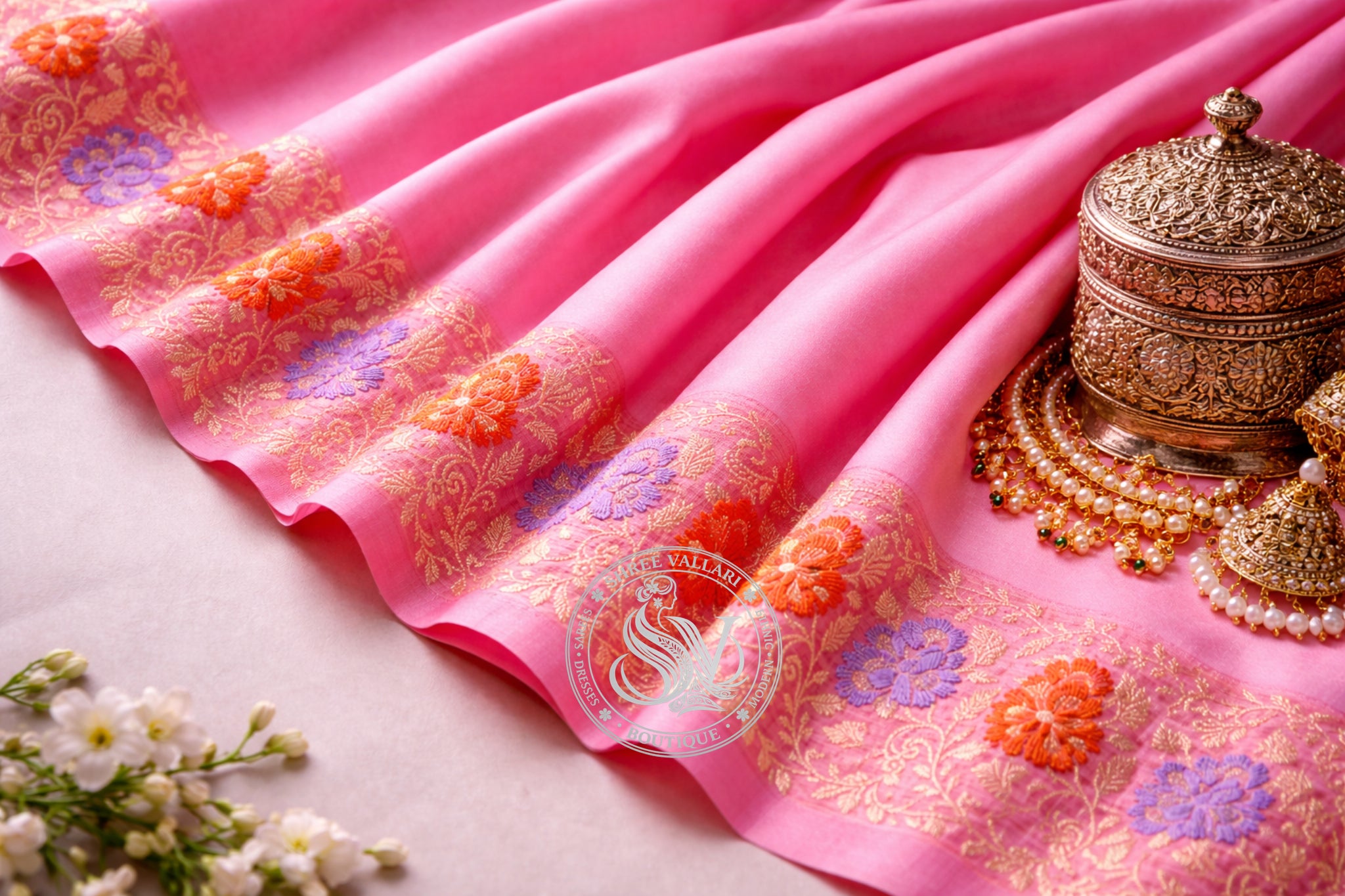 Mustard Yellow Pure Kora Tissue Banarasi Silk Saree with Pink Minakari Zari Border