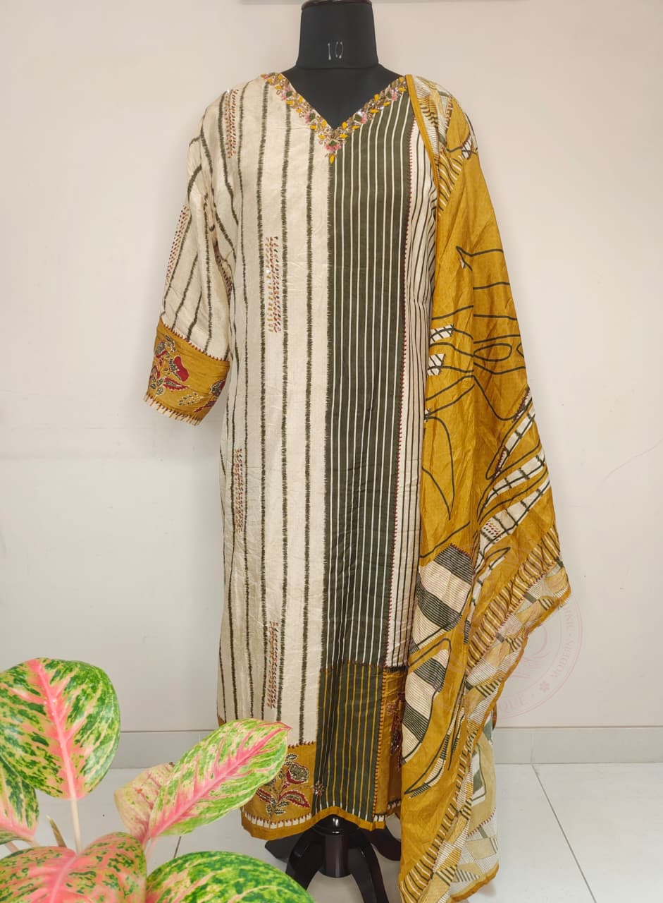 Mustard Cream Striped Embroidered Kurta Set with Dupatta for Women