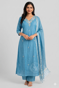 Teal Blue Embroidered Kurta Set with Dupatta for Women Party Wear