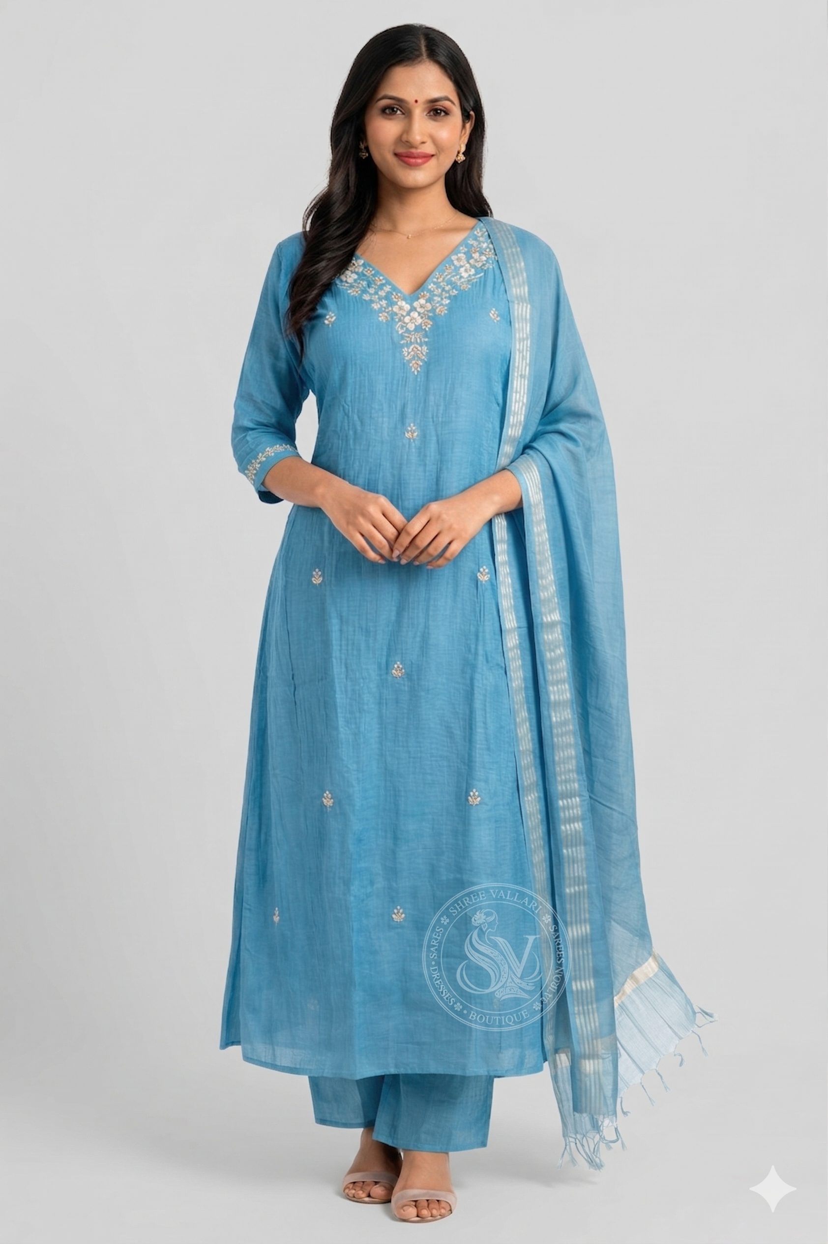 Teal Blue Embroidered Kurta Set with Dupatta for Women Party Wear