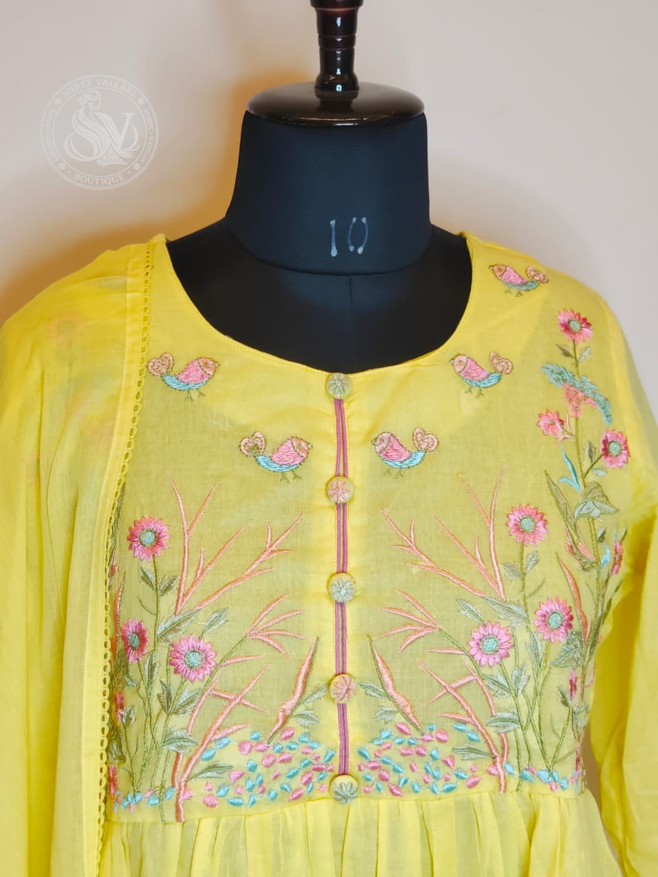 Yellow Floral & Bird Embroidered Anarkali Kurta Set for Women
