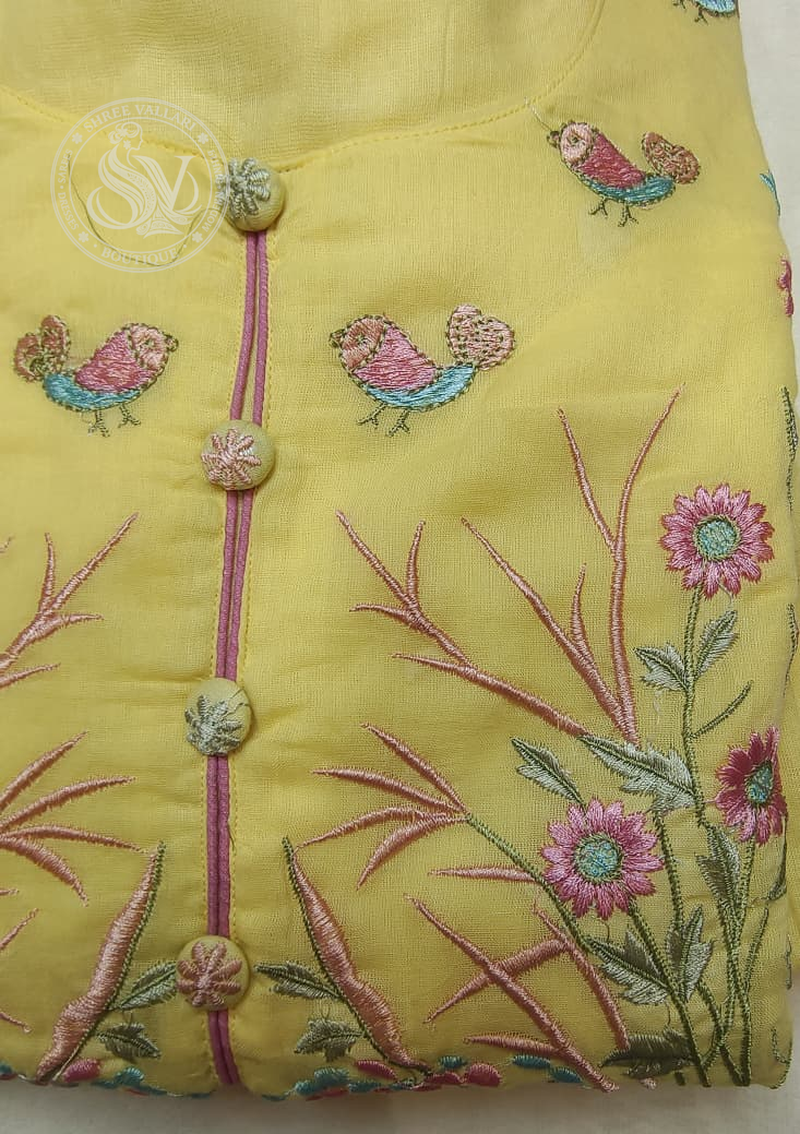 Yellow Floral & Bird Embroidered Anarkali Kurta Set for Women