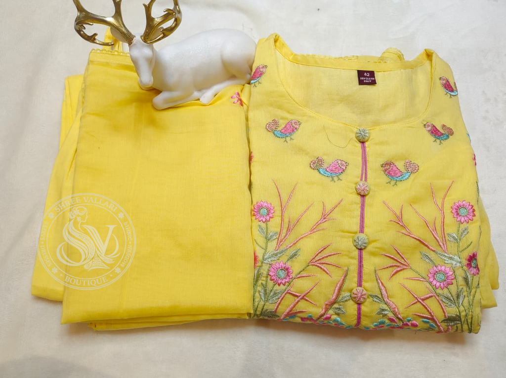 Yellow Floral & Bird Embroidered Anarkali Kurta Set for Women