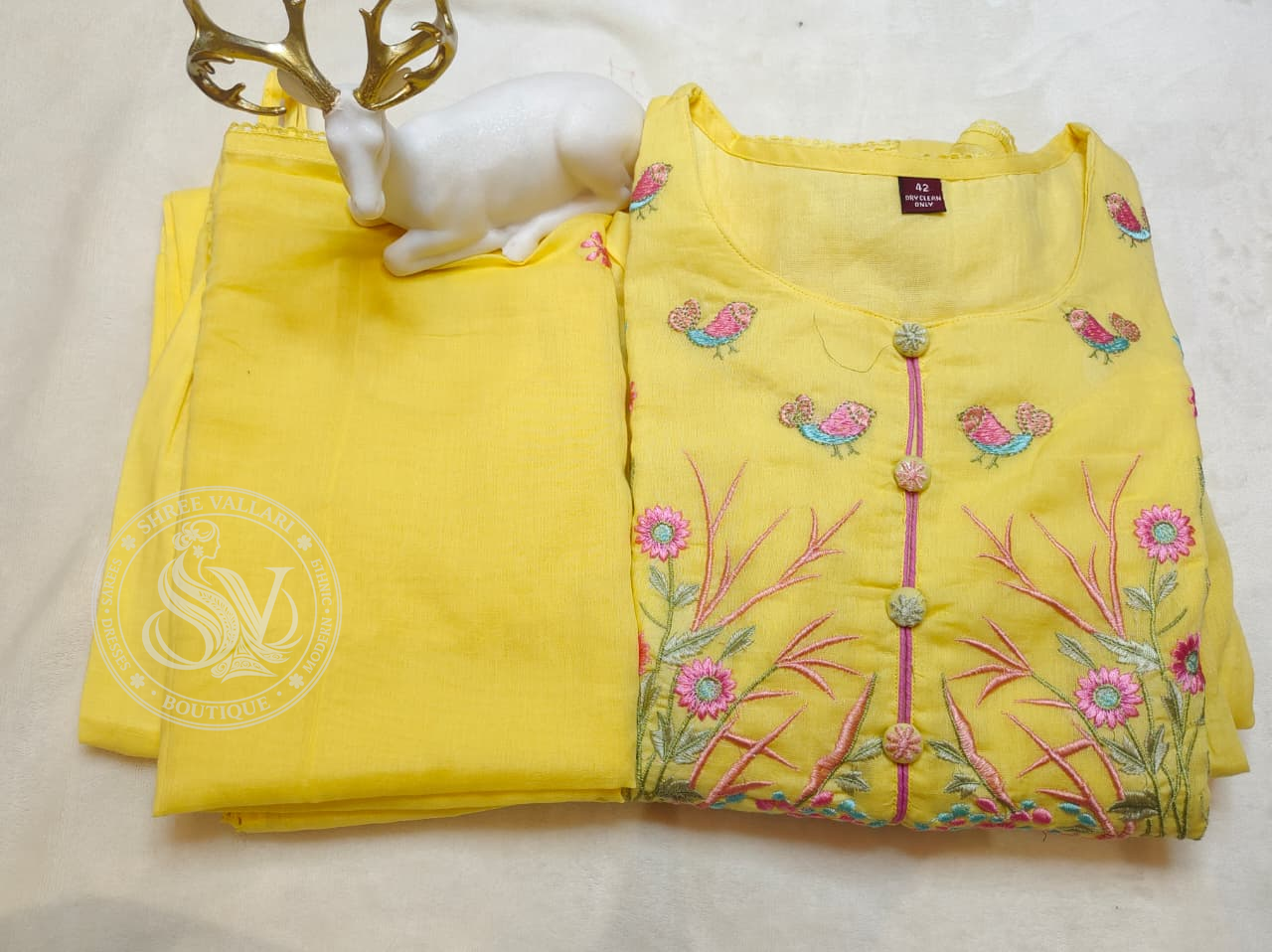 Yellow Floral & Bird Embroidered Anarkali Kurta Set for Women