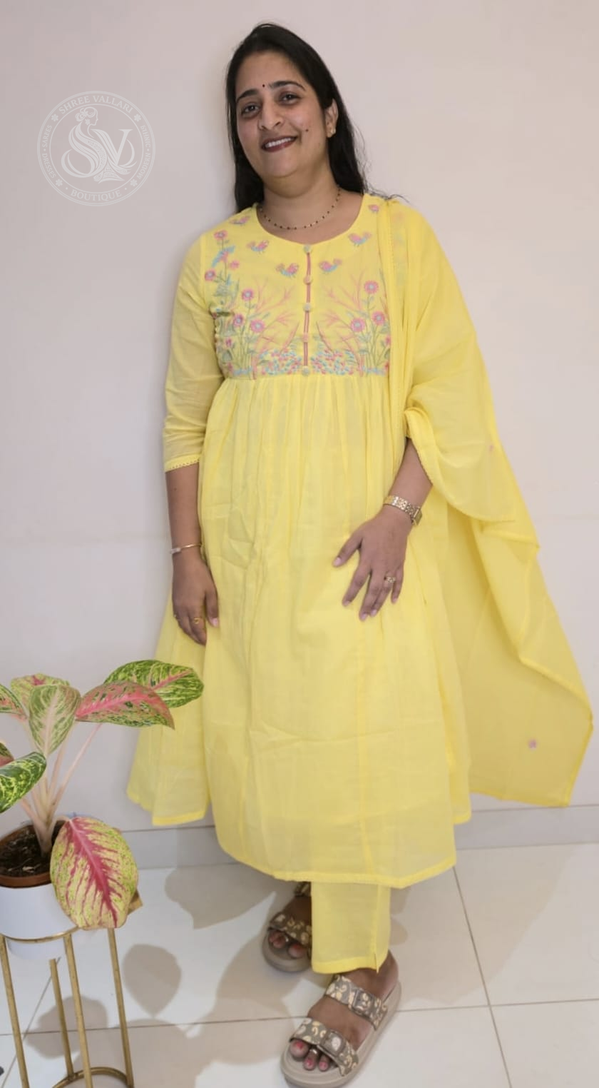 Yellow Floral & Bird Embroidered Anarkali Kurta Set for Women