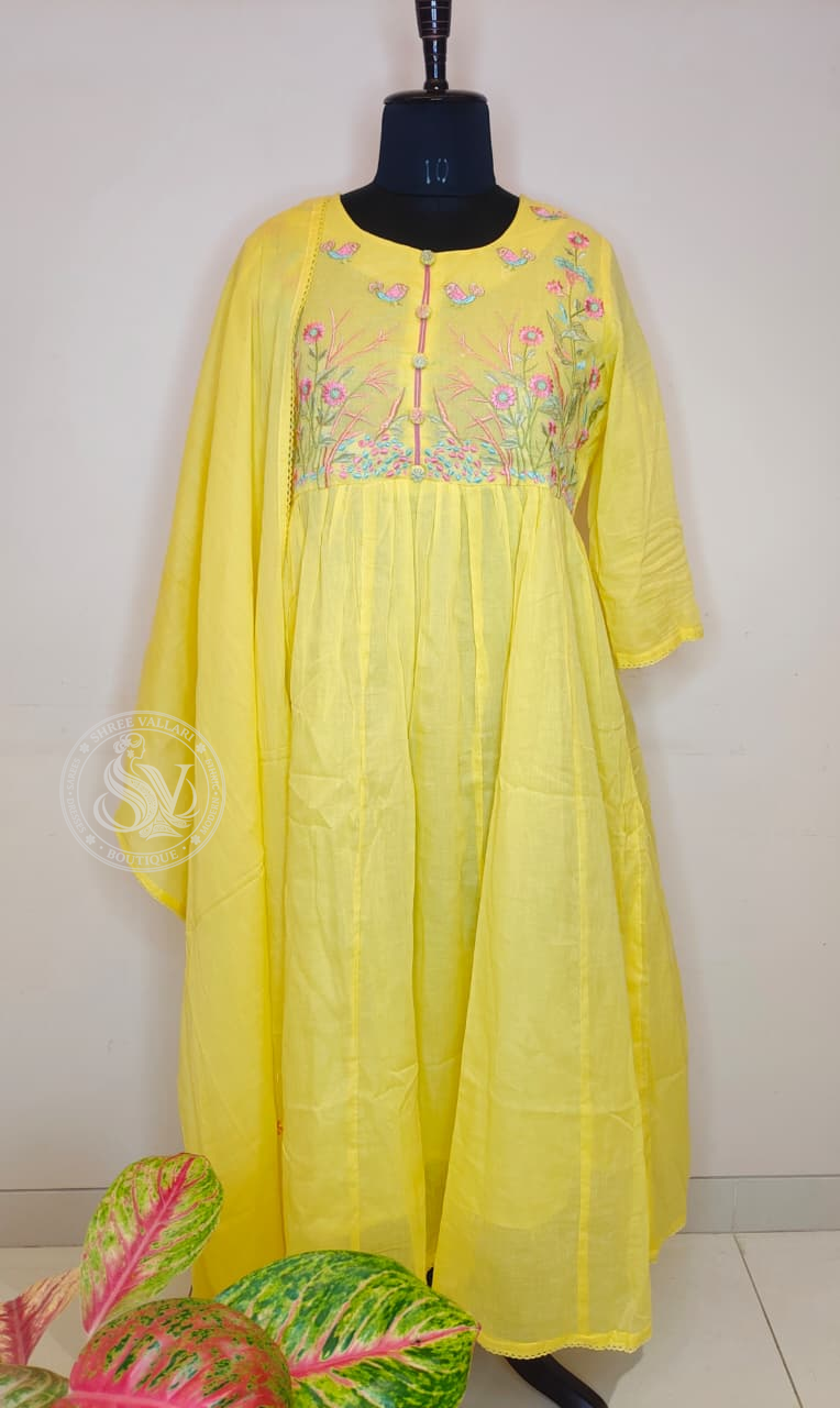Yellow Floral & Bird Embroidered Anarkali Kurta Set for Women